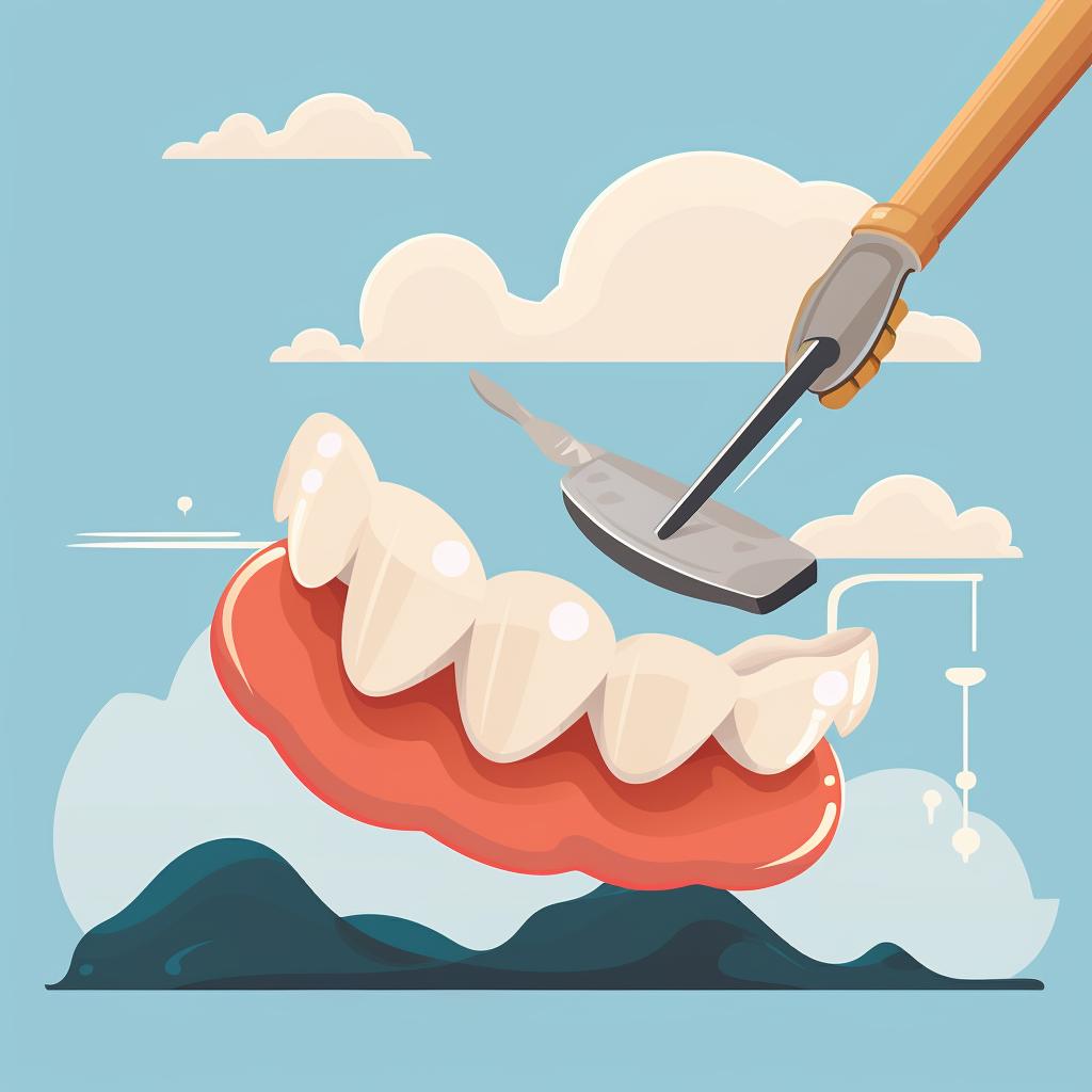 A dental tool removing excess material from a denture.